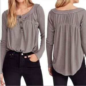 Free People Grey Must Have Waffle Knit Henley Long Sleeve Size Small